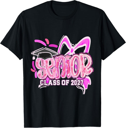 Graduation 2027 Senior 2027 Class of 2027 Coquette Pink Girl T-Shirt - T-Shirt | Black