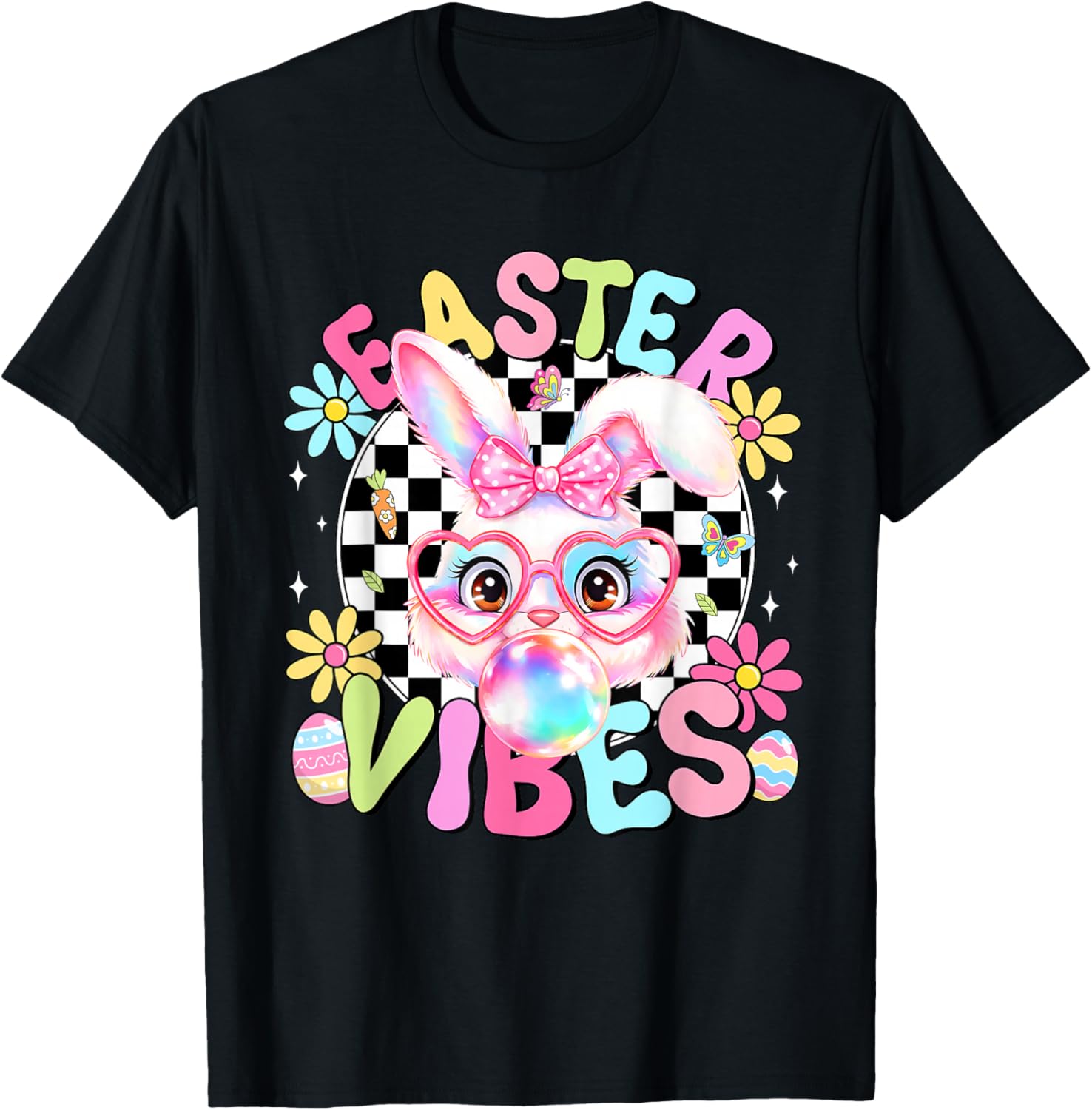 Happy Easter Vibes Cute Bunny Rabbit Bubble Gum Face Women T-Shirt - T-Shirt | Black