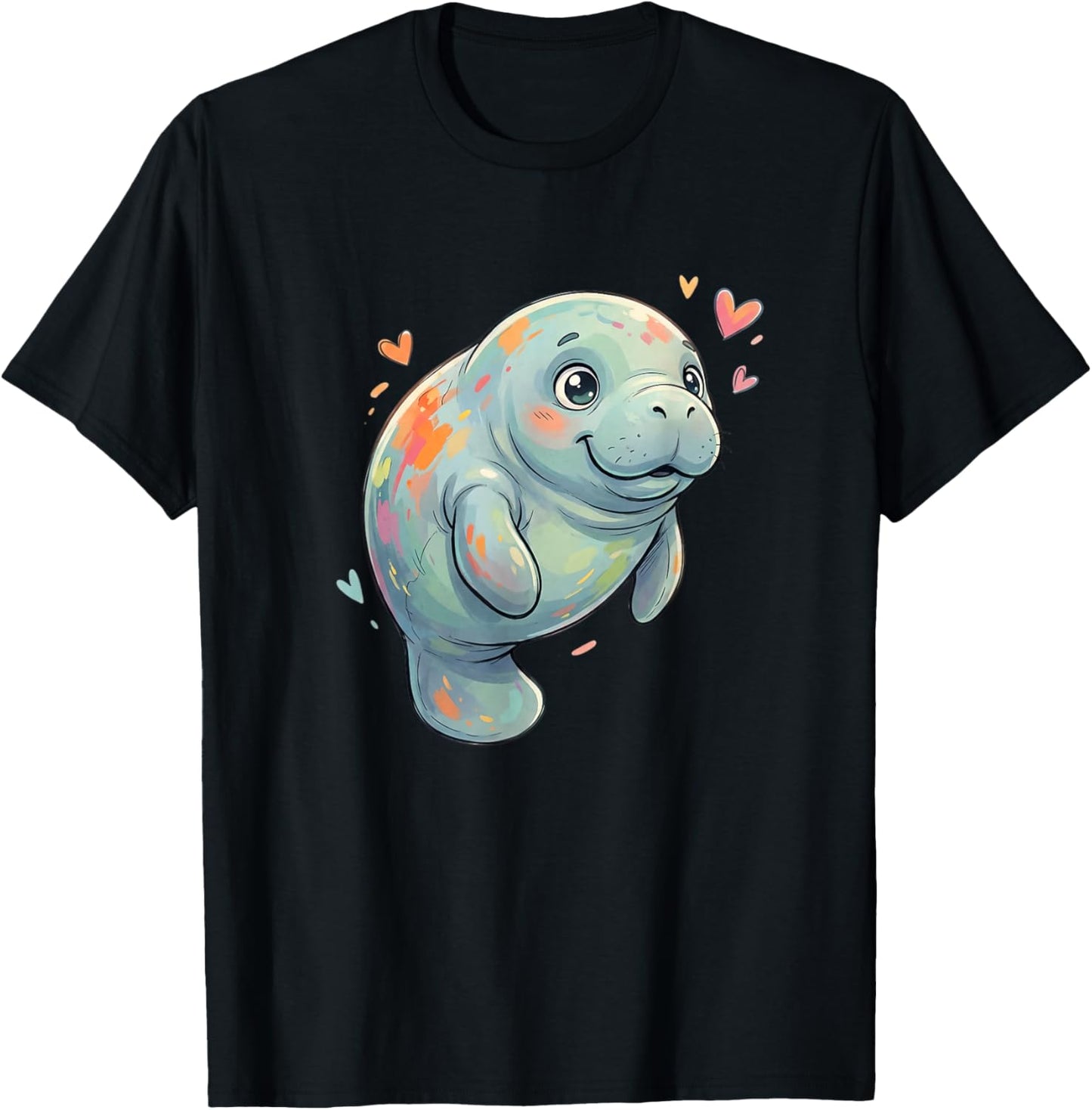 Adorable Colorful Manatee with Hearts Lovers T-Shirt - T-Shirt | Black