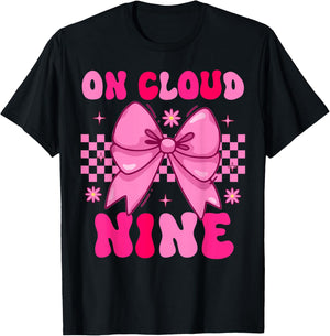 Groovy On Cloud Nine Bday 9th Birthday Girl Coquette Bow T-Shirt - T-Shirt | Black