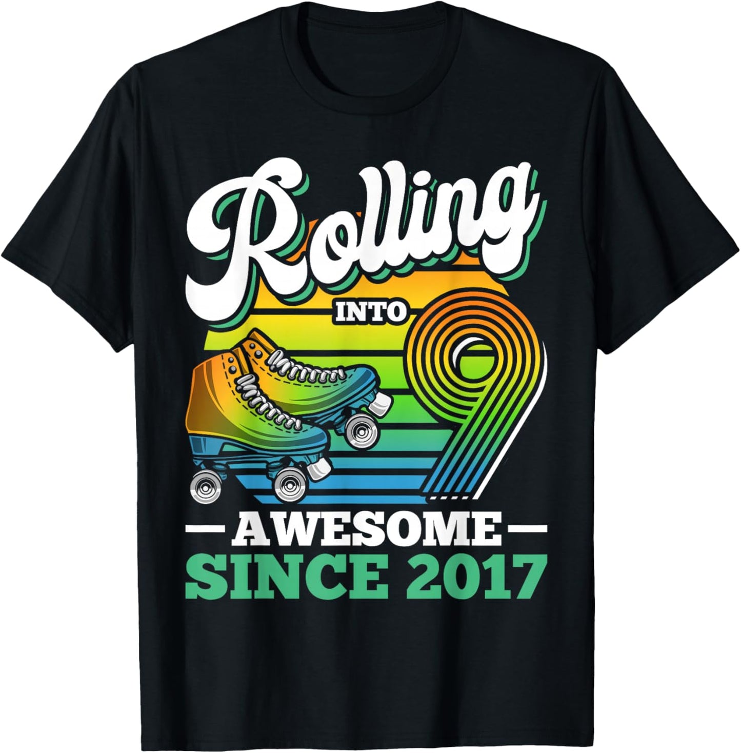 Rolling Into 9 Roller Skating Birthday Party 9th Birthday T-Shirt - T-Shirt | Black