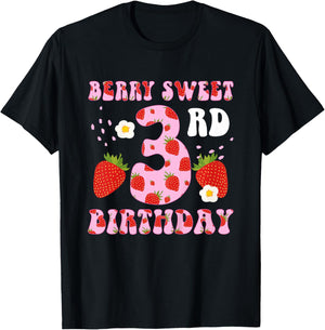 3rd Strawberry Birthday Party Three Year Old Strawberries T-Shirt - T-Shirt | Black
