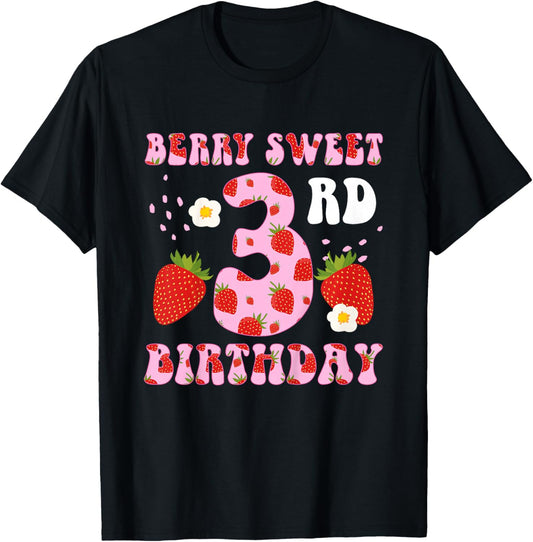 3rd Strawberry Birthday Party Three Year Old Strawberries T-Shirt - T-Shirt | Black