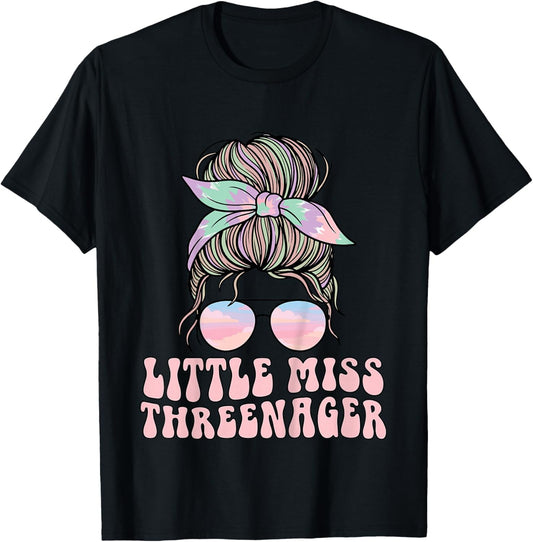Messy Bun Miss Threenager 3rd Birthday 3 Years Girls Kids T-Shirt - T-Shirt | Black