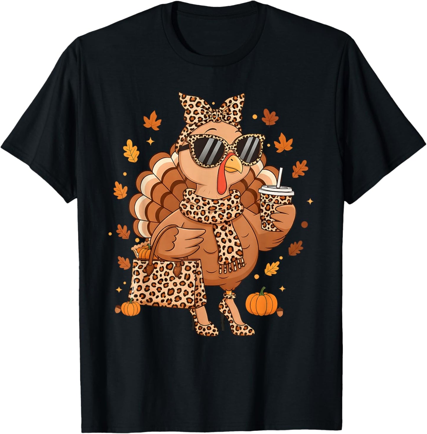 Boujee Turkey Leopard Autumn Fall Thanksgiving Women Girl T-Shirt - T-Shirt | Black