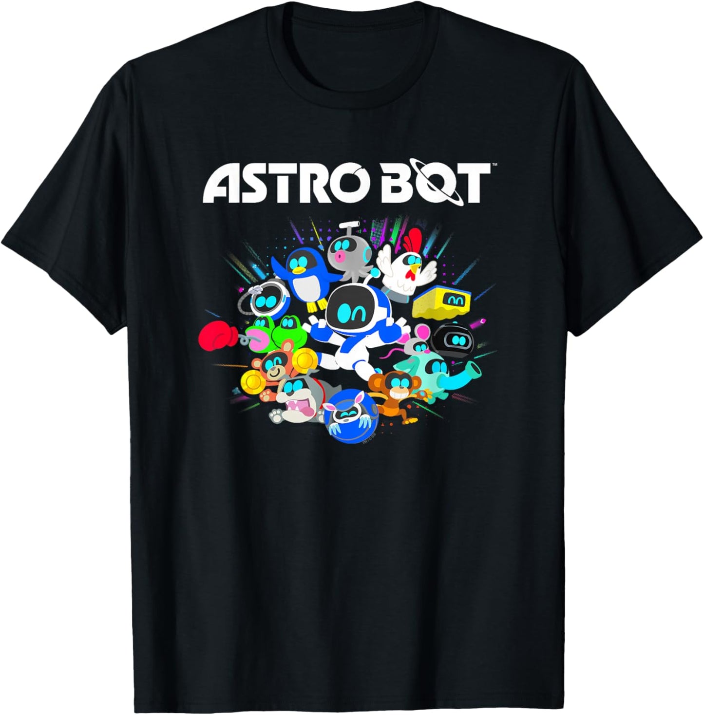 Astro Bot and Friends Character Burst Colorful Video Game T-Shirt - T-Shirt | Black