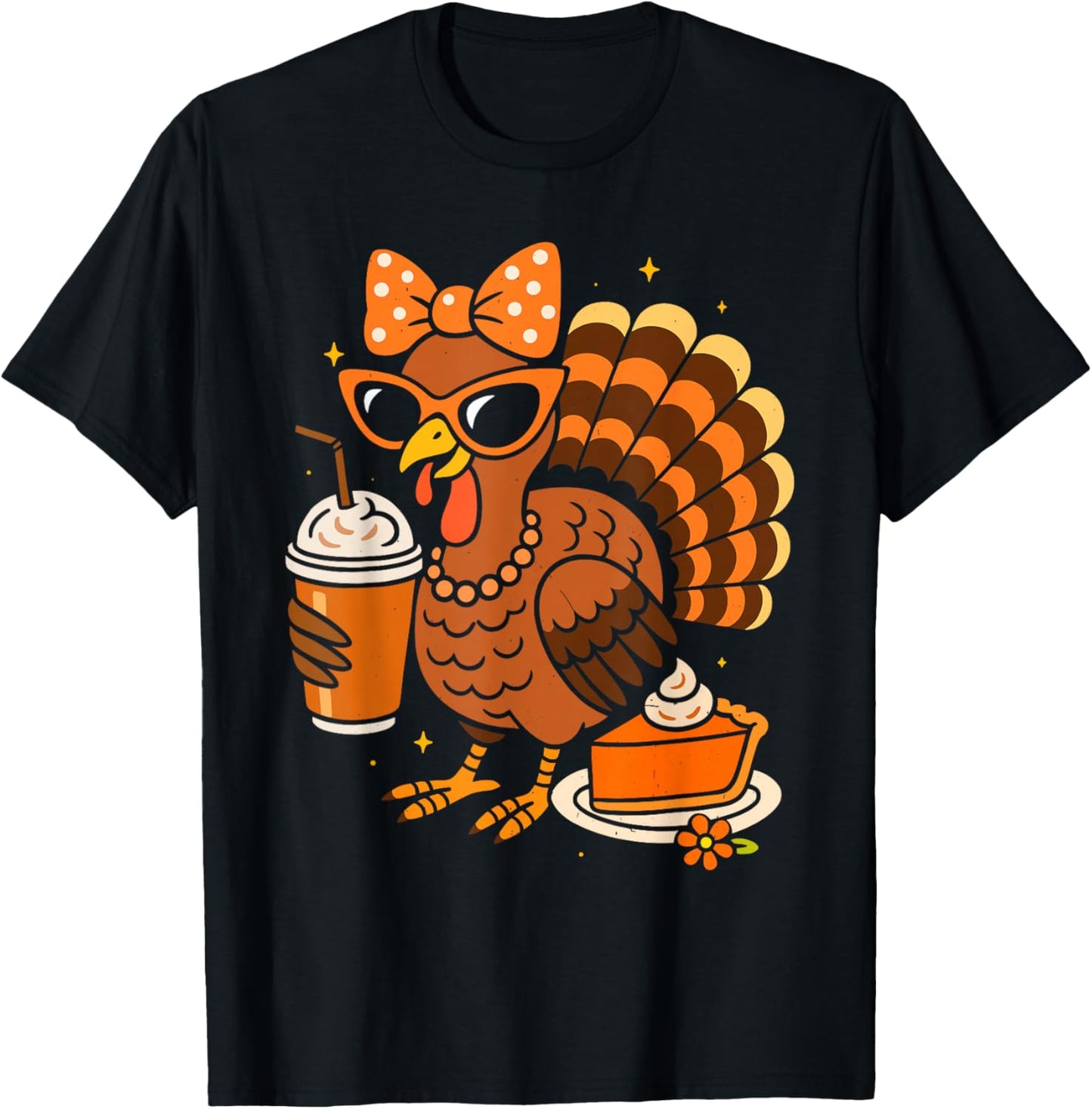 Turkey Drinking Coffee Bow Thanksgiving Turkey Day T-Shirt - T-Shirt | Black