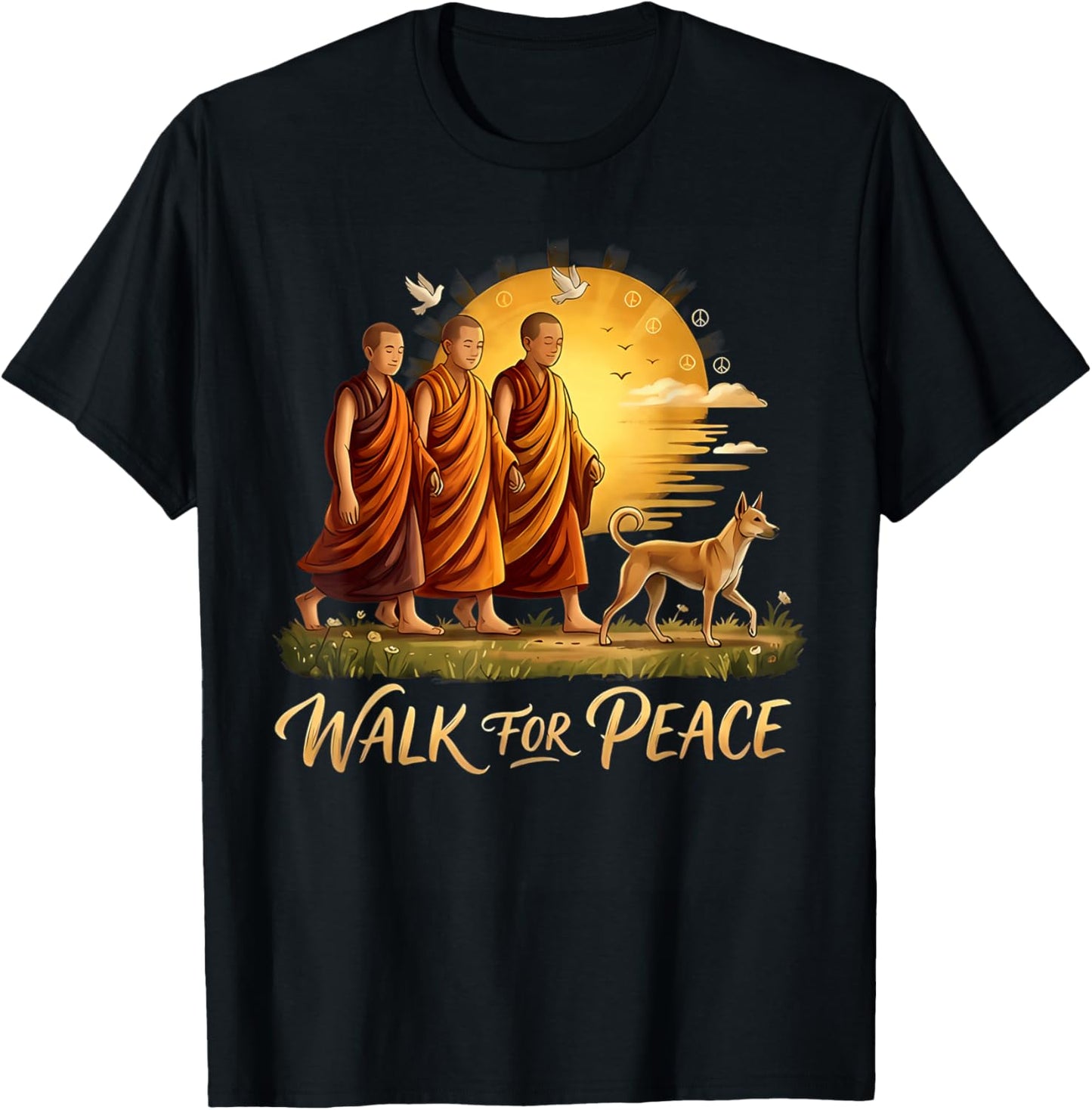 Walk for Peace Monks with Aloka Dog Sunset Peace Sign Art T-Shirt - T-Shirt | Black