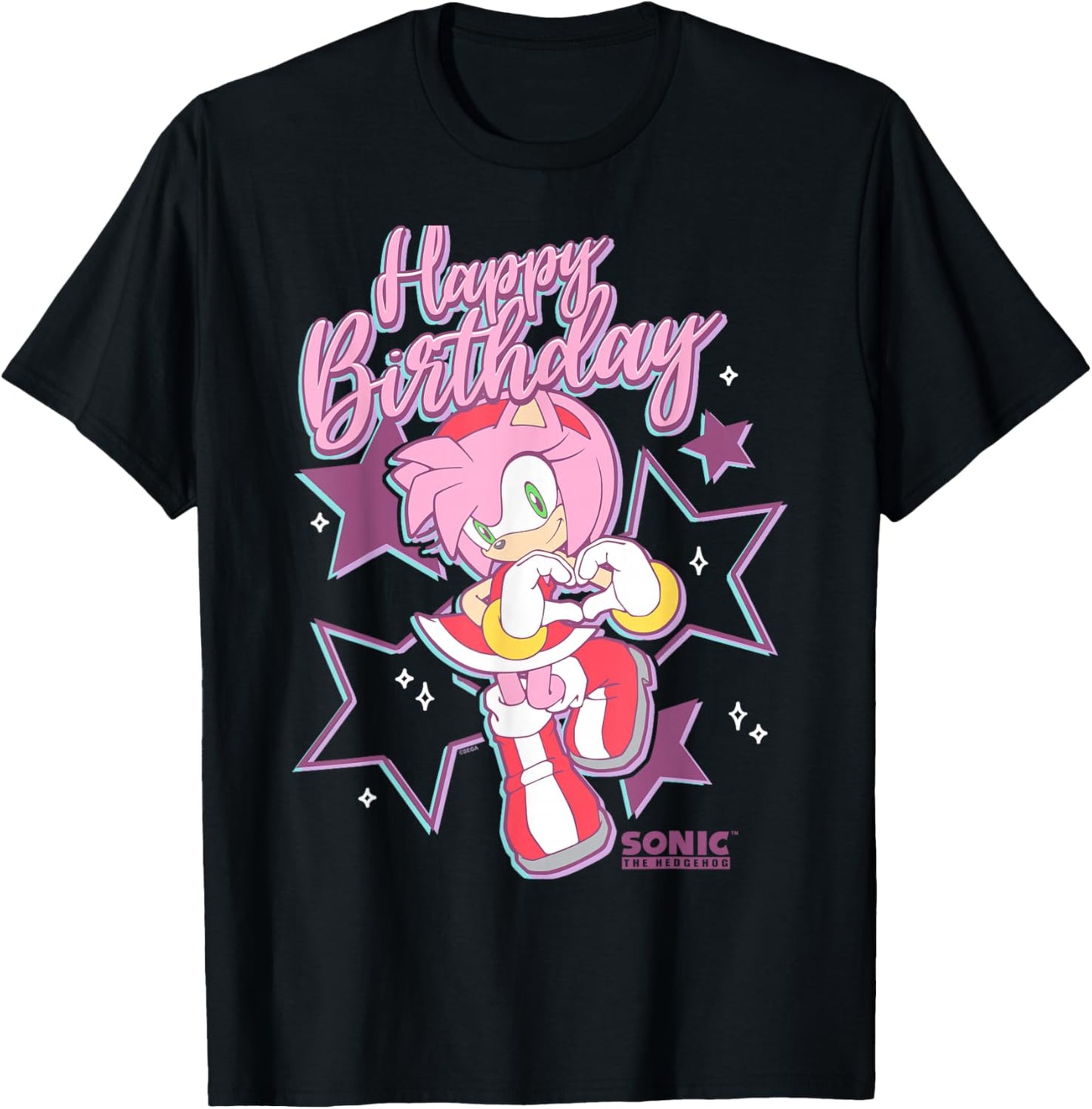 Sonic The Hedgehog Happy Birthday Amy Rose Hearts & Stars T-Shirt - T-Shirt | Black