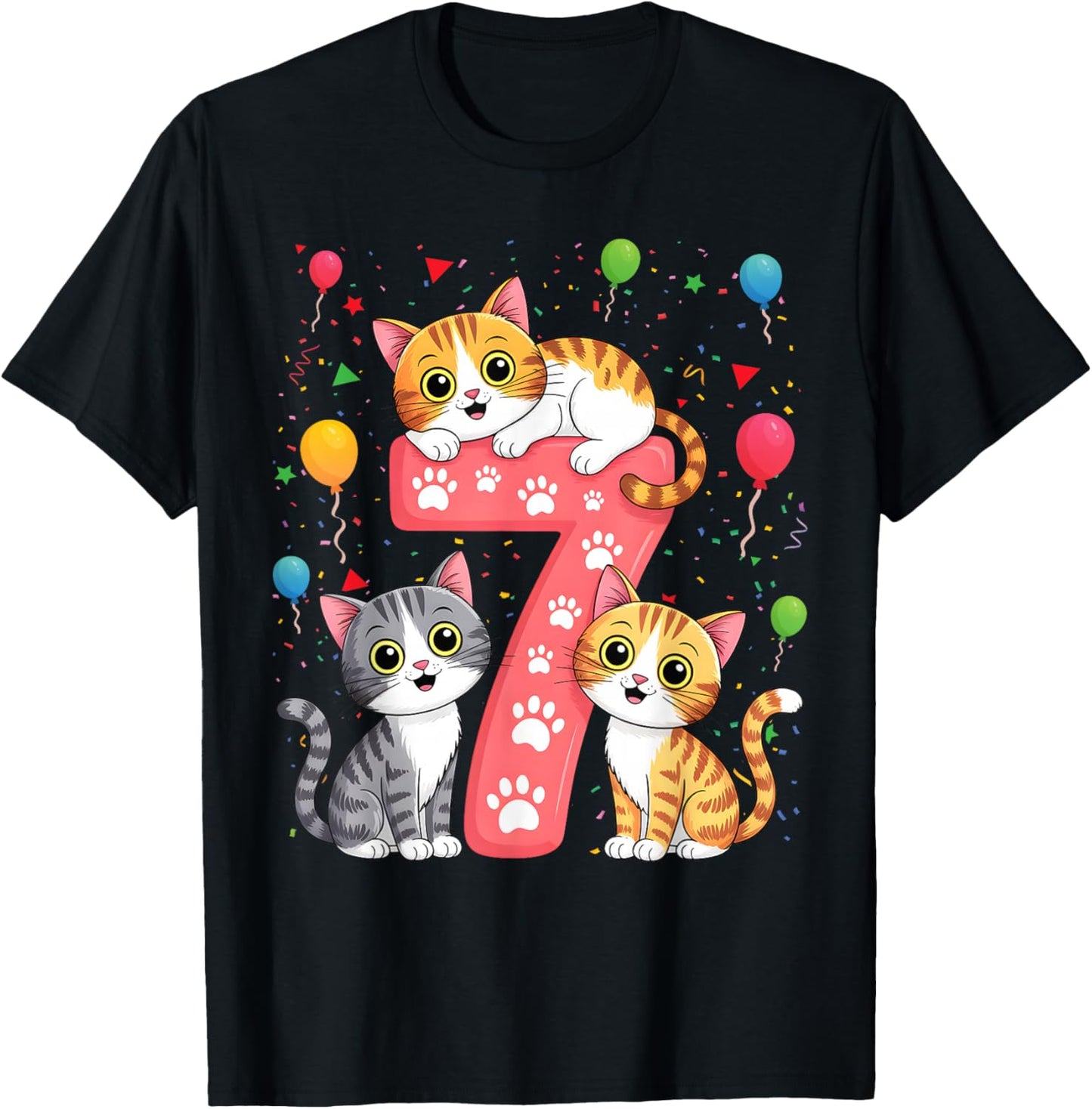 Kids 7th Birthday Girl Cats Outfit 7 Years Old T-Shirt - T-Shirt | Black