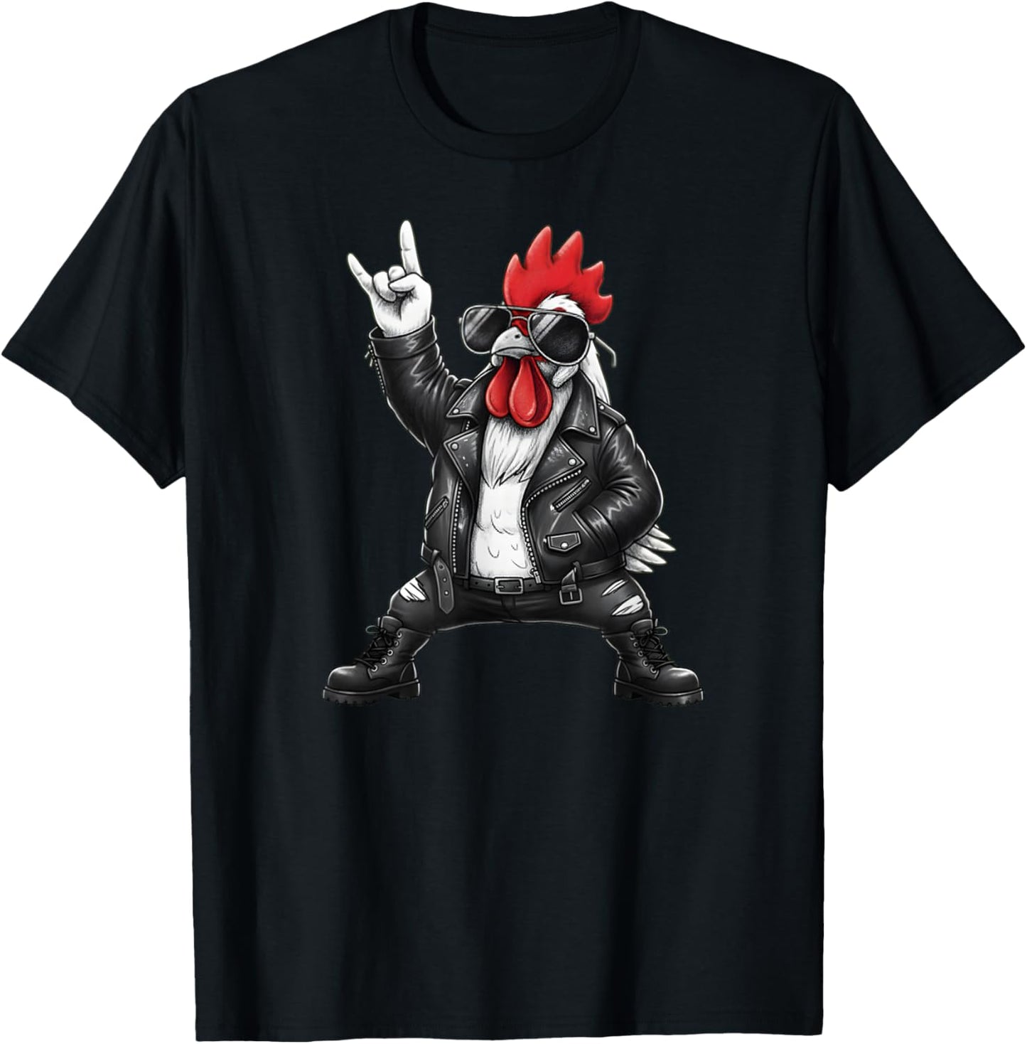 Cool Rock and Roll Rooster in Leather Jacket Art T-Shirt - T-Shirt | Black