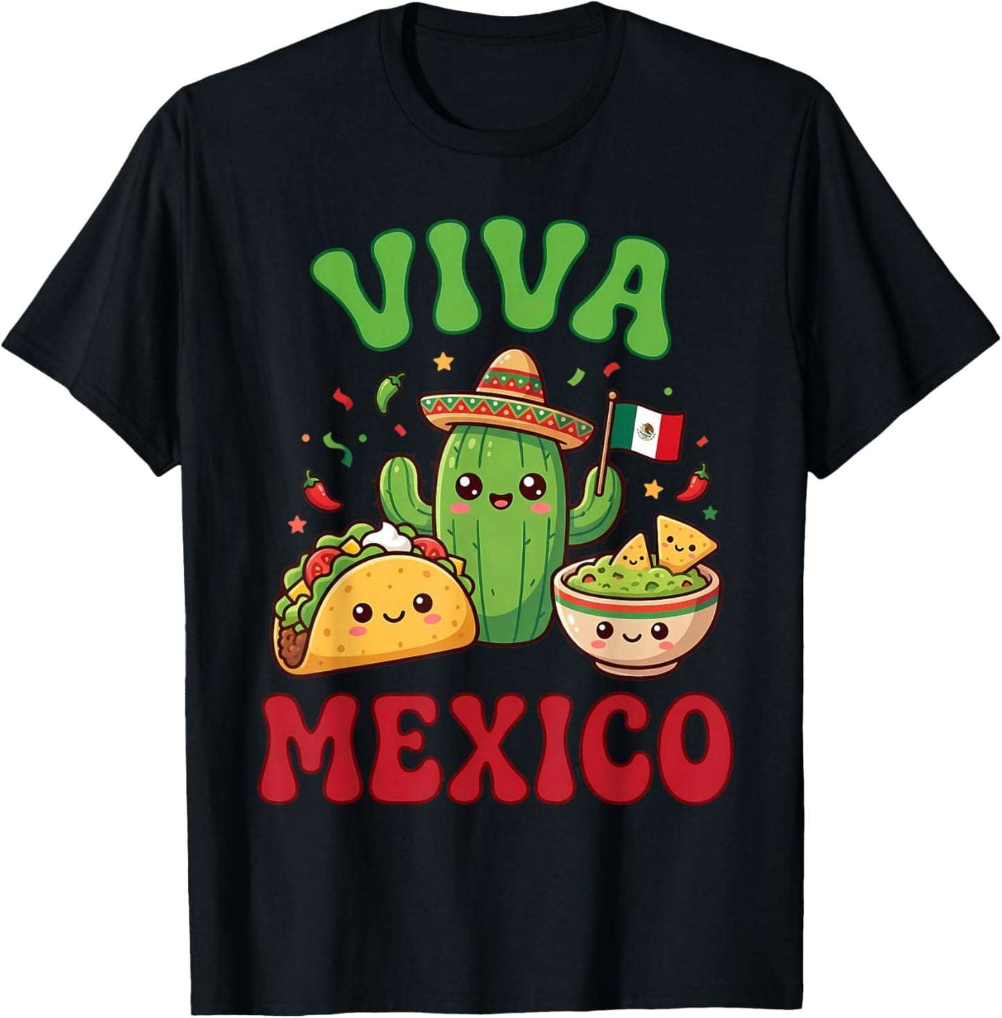 Kawaii Cute Taco Cactus Guacamole Viva Mexico Cinco de Mayo T-Shirt - T-Shirt | Black