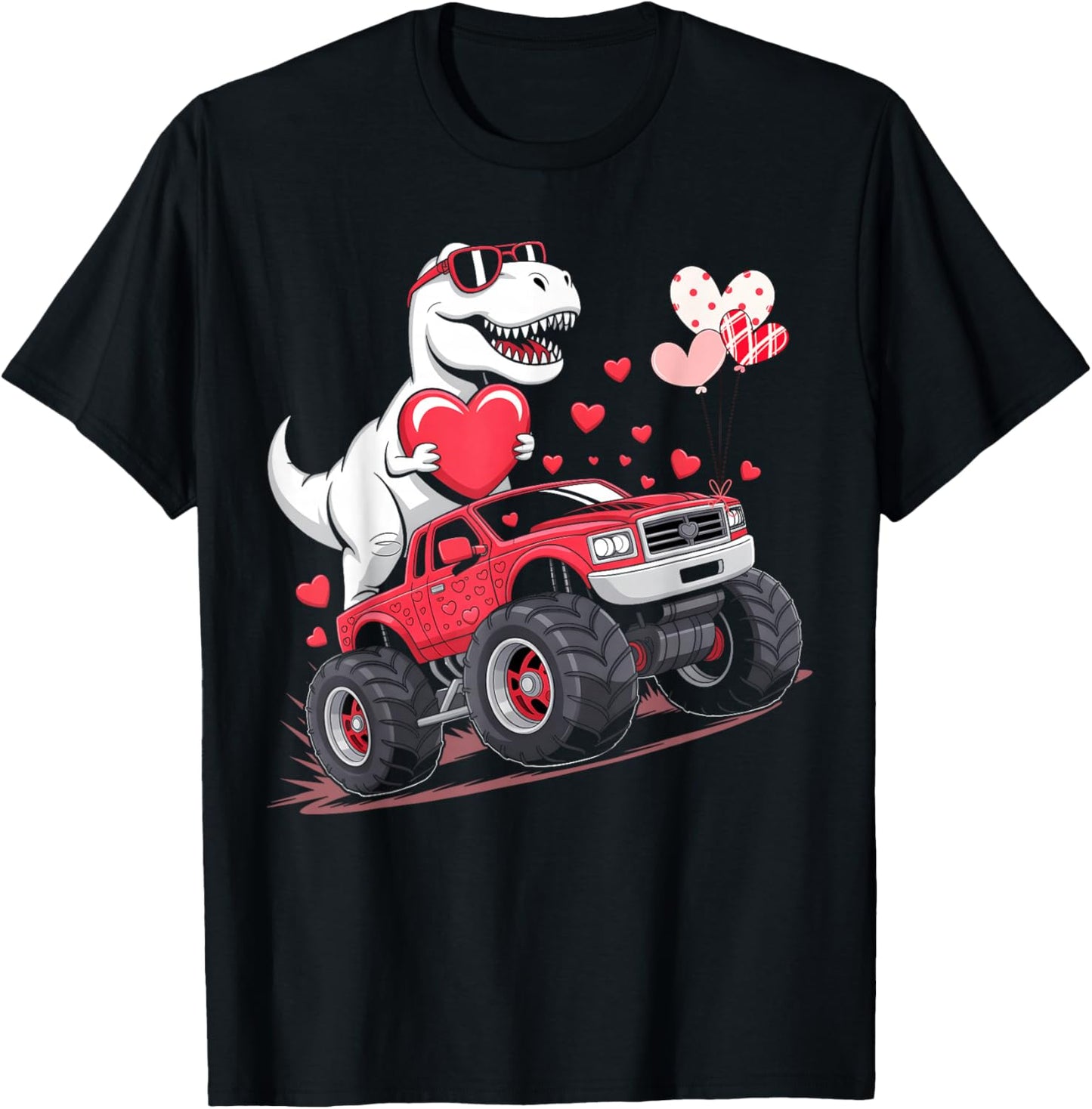 T Rex Riding Monster Truck Funny Valentine Toddler Boys Kids T-Shirt - T-Shirt | Black
