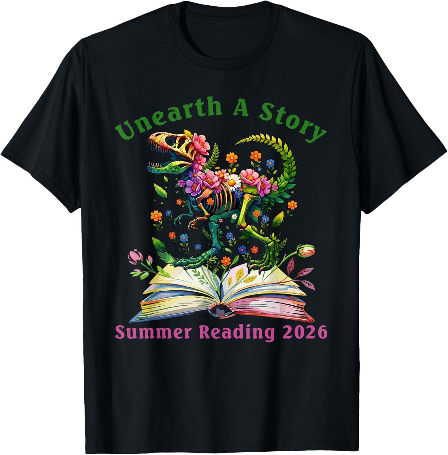 Unearth A Story Summer Reading 2026 Dinosaur Book Floral T-Shirt - T-Shirt | Black