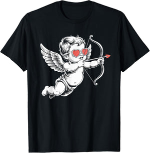 Valentines Day Cupid Angel with Heart Sunglasses T-Shirt - T-Shirt | Black