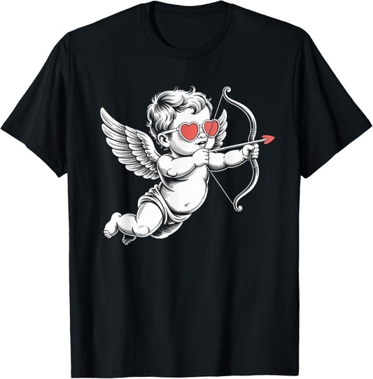 Valentines Day Cupid Angel with Heart Sunglasses T-Shirt - T-Shirt | Black