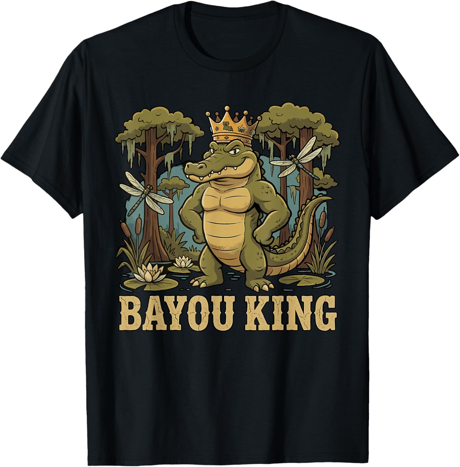 Bayou King Louisiana Alligator Retro Wildlife Travel Cajun T-Shirt - T-Shirt | Black
