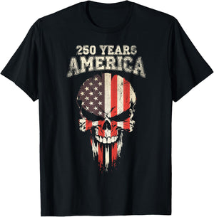 250 Years America 4th July USA Flag Skull T-Shirt - T-Shirt | Black