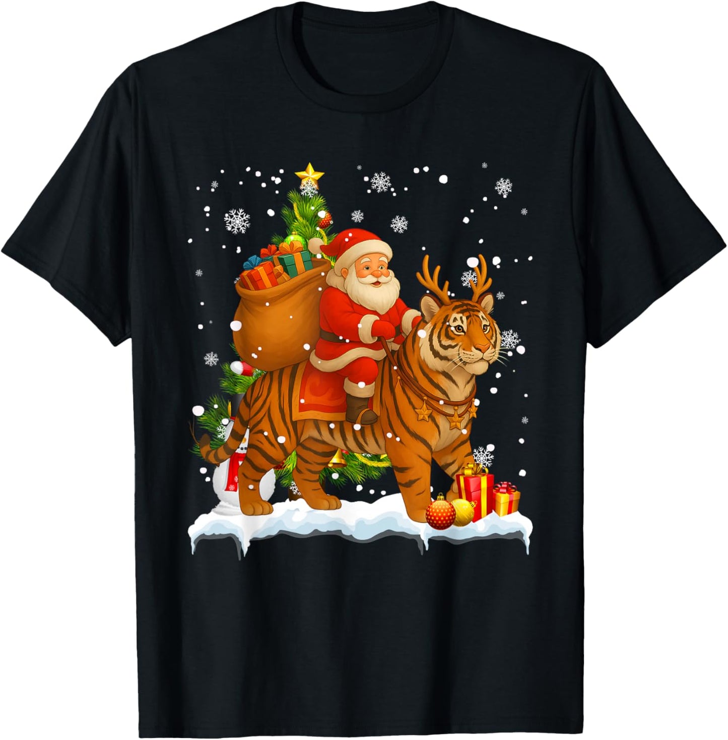 Xmas Decor Lights Funny Santa Riding Tiger Christmas T-Shirt - T-Shirt | Black