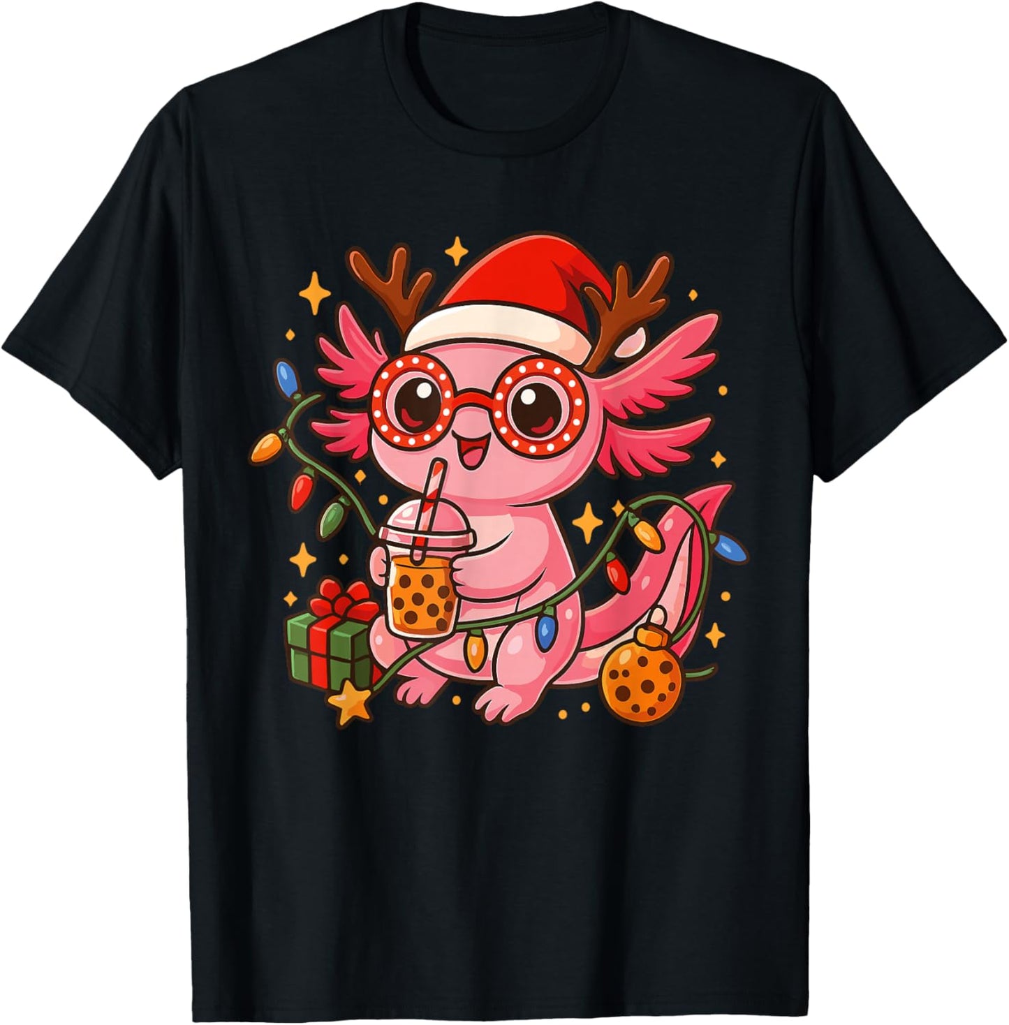 Axolotl Christmas Light Axolotl Drink Coffee Santa Hat Xmas T-Shirt - T-Shirt | Black
