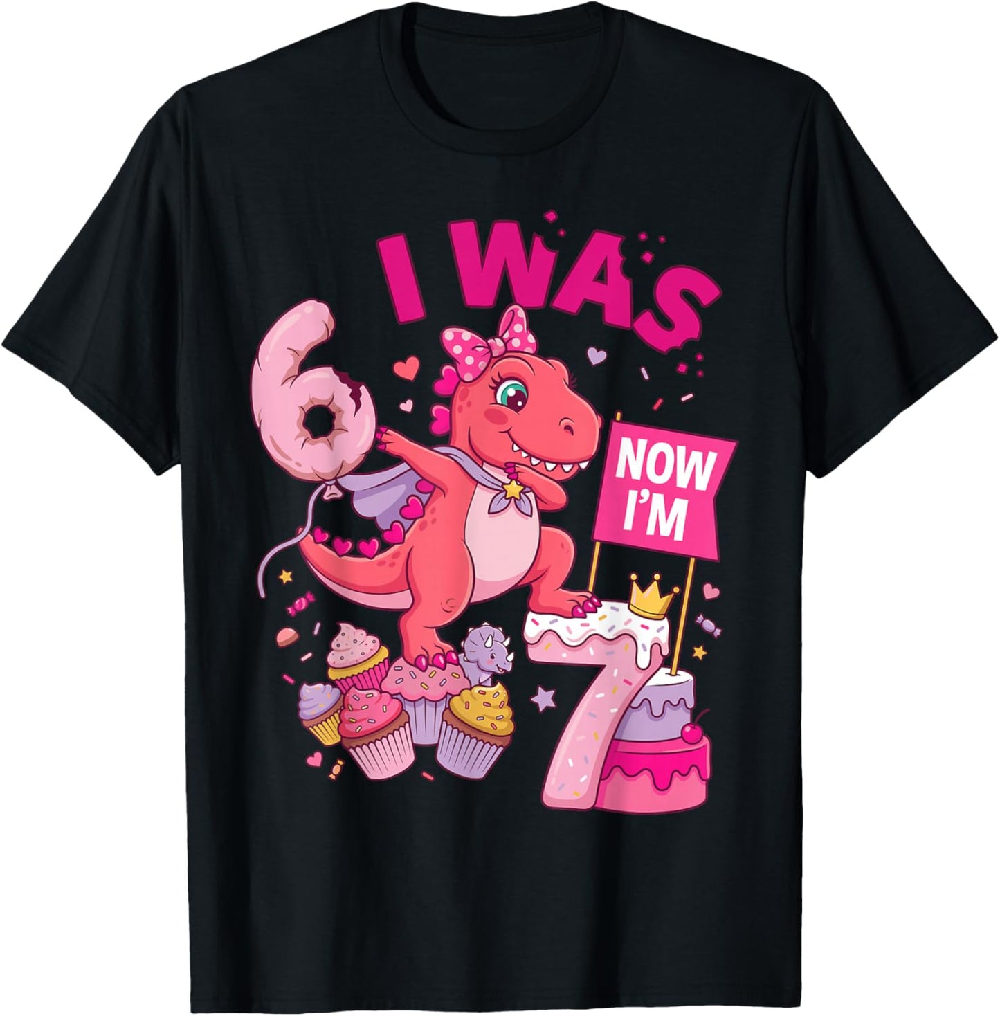 I was 6 Now I'm 7 T-Rex Girl 6 7 Birthday T-Shirt - T-Shirt | Black