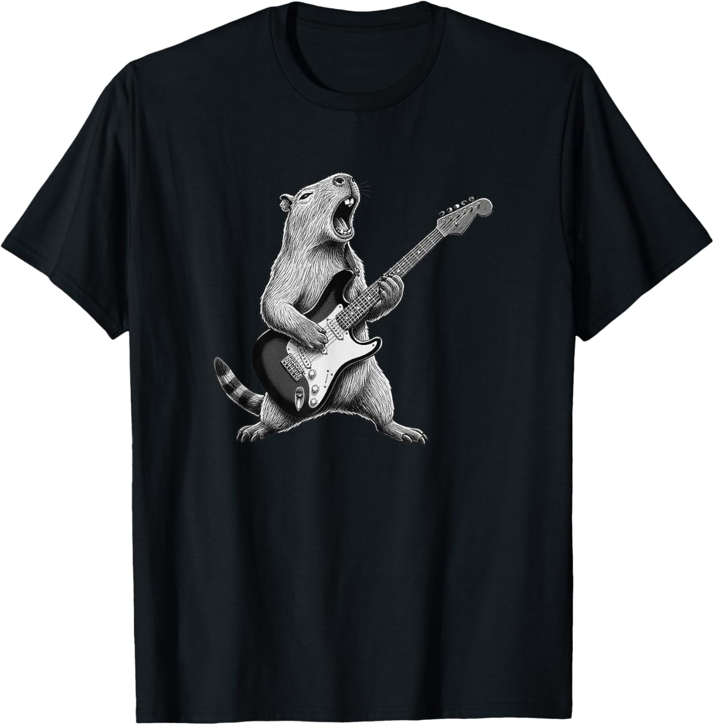 Funny Capybara Playing Guitar Rock and Roll Men Women Kids T-Shirt - T-Shirt | Black
