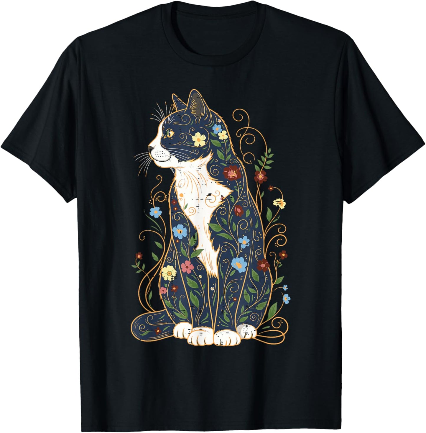 Cat Sitting Ornamental Flowers Kitten Floral Women Girls Kid T-Shirt - T-Shirt | Black