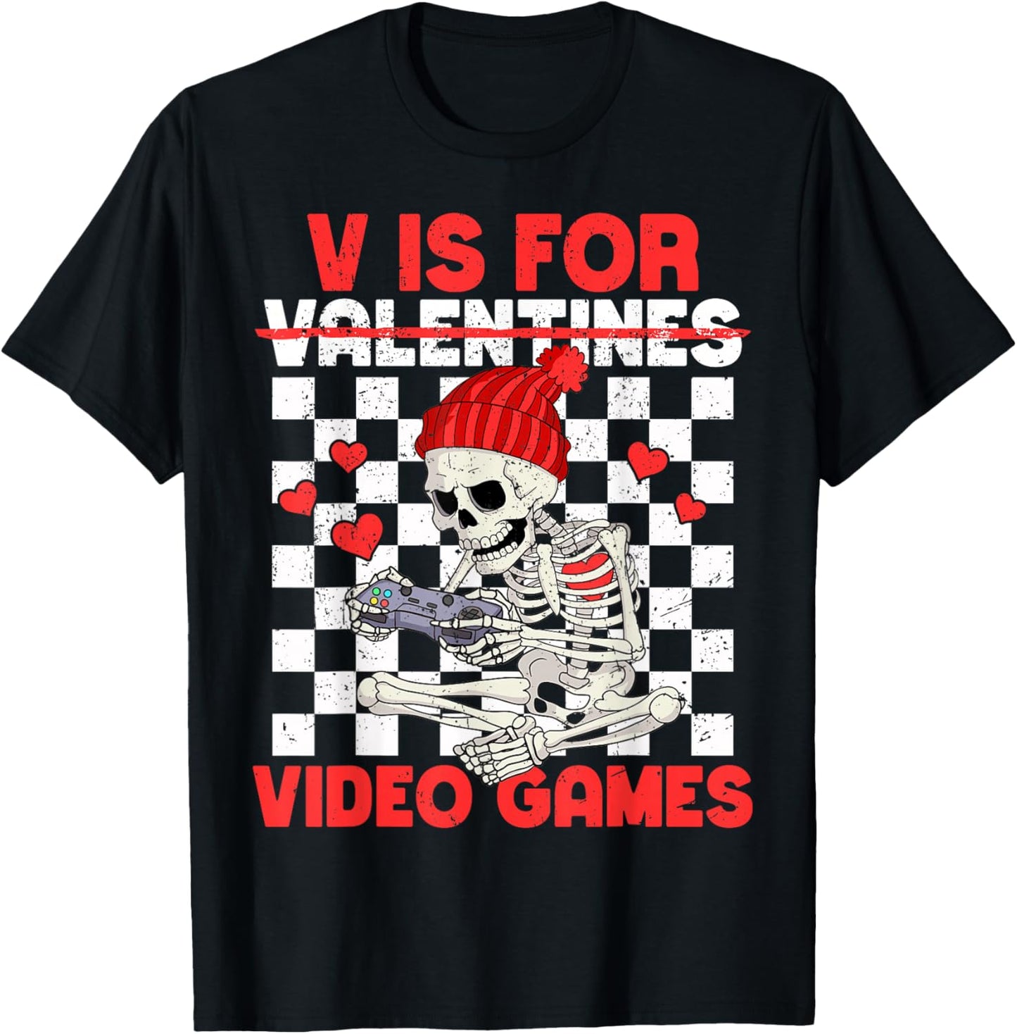 V is for Video Games Funny Boys Valentines Skeleton Gamer T-Shirt - T-Shirt | Black