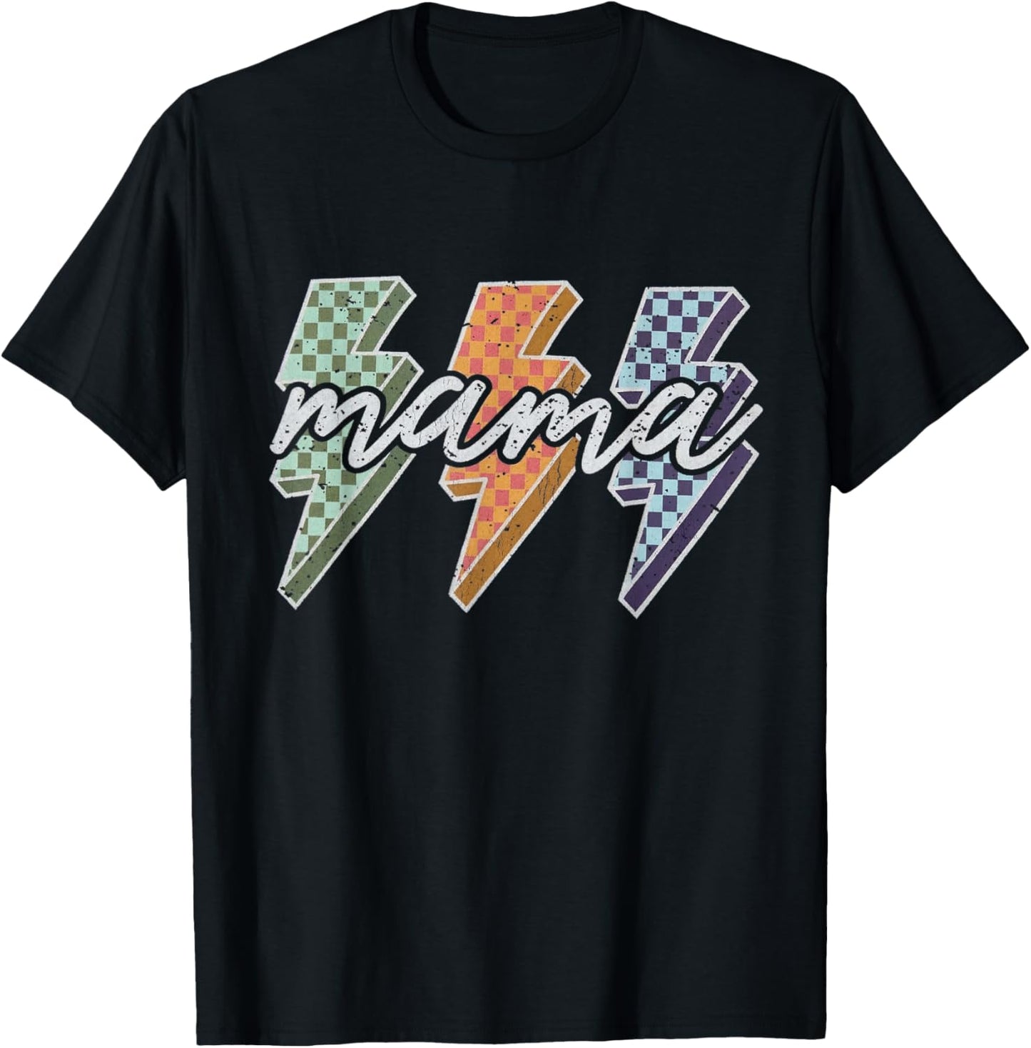Mama Retro Checkered Lightning Bolt Groovy 70s Art T-Shirt - T-Shirt | Black