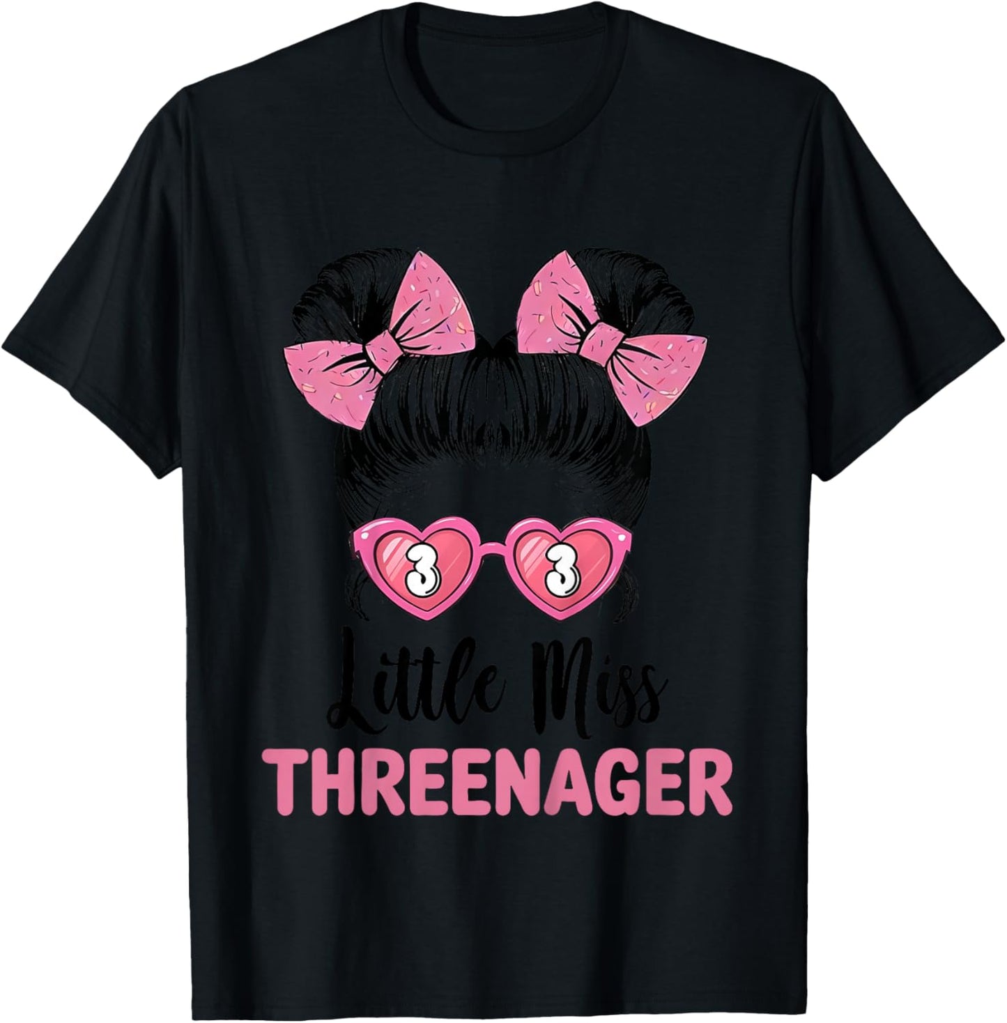 Little Miss Threenager 3rd Birthday 3 Messy Bun Girls Kids T-Shirt - T-Shirt | Black
