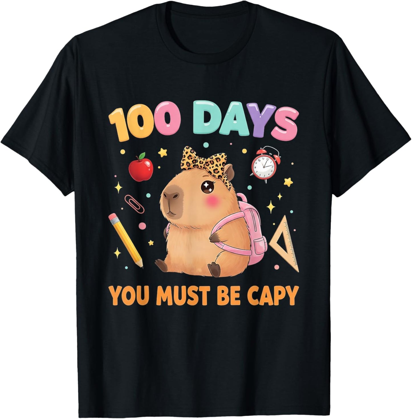 Cute 100 Days of School Capybara with Leopard Bow Teacher T-Shirt - T-Shirt | Black