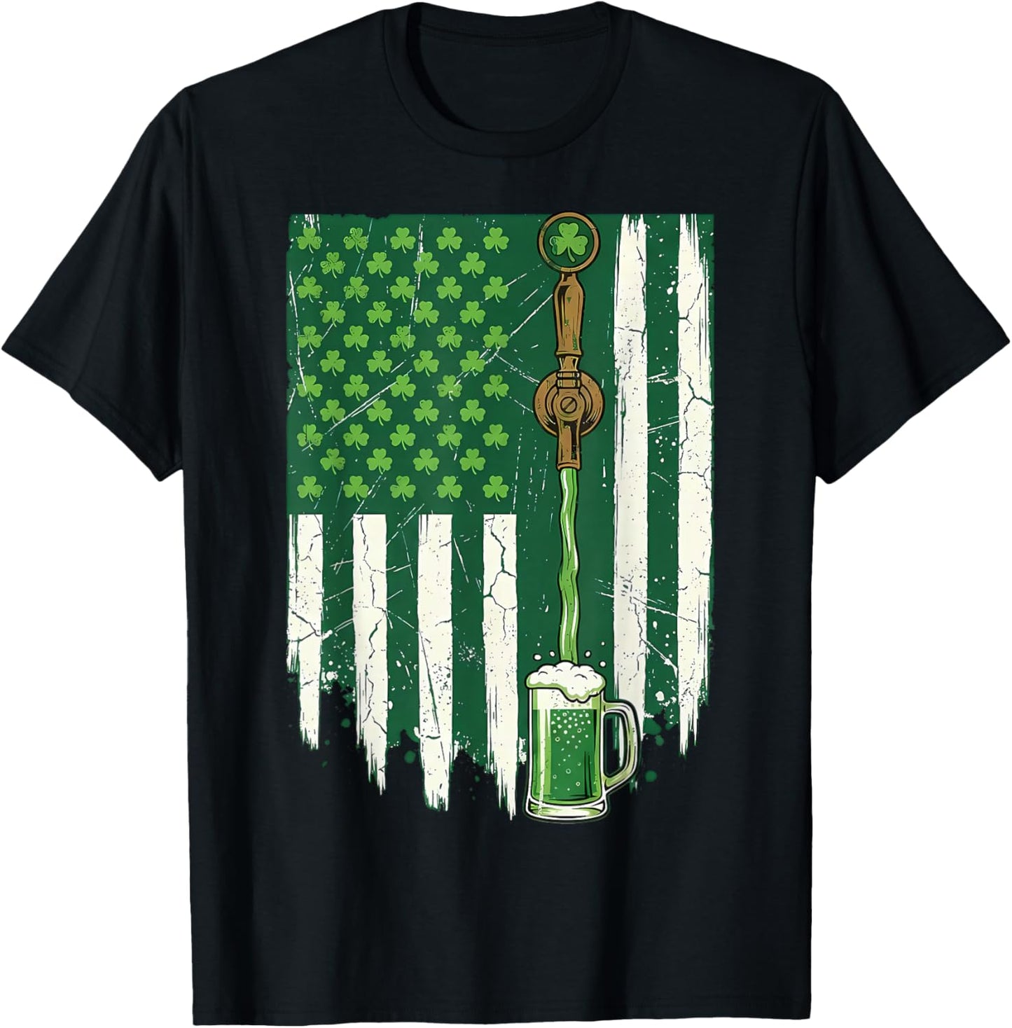 Shamrock Beer USA Flag, St Patricks Irish Drinking Apparel T-Shirt - T-Shirt | Black
