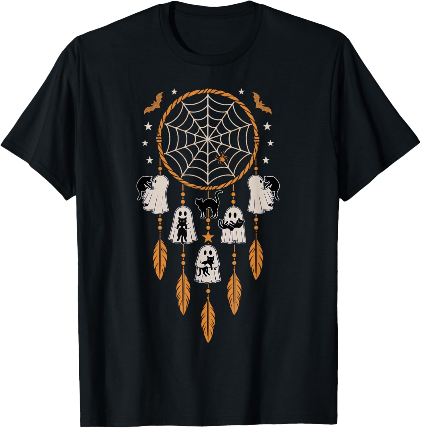 Ghosts Holding Black Cats Halloween Vintage Dreamcatcher T-Shirt - T-Shirt | Black