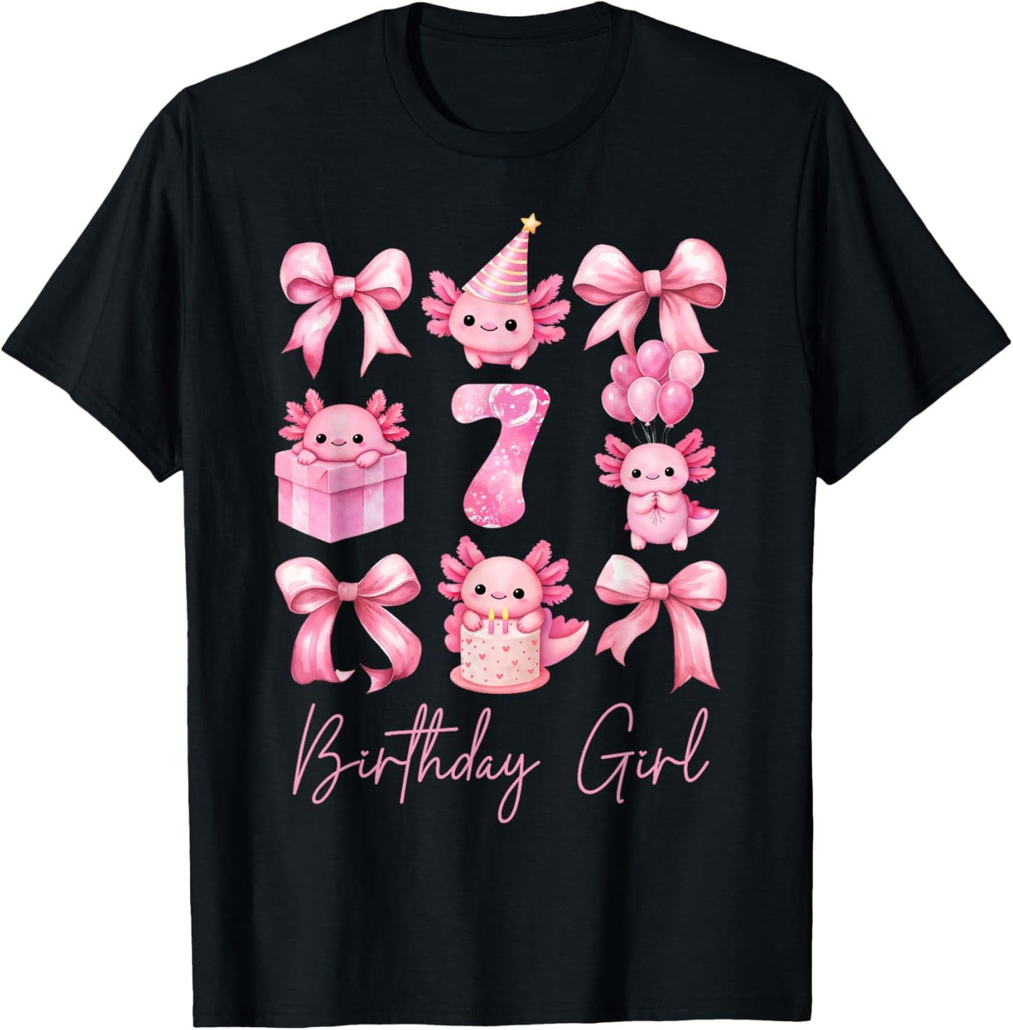 Cute Axolotl 7th Birthday Girl Pink Coquette Bow 7 Years Old T-Shirt - T-Shirt | Black