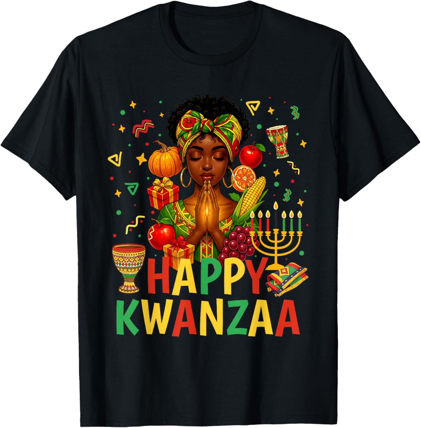 Happy Kwanzaa Pray Black Woman Afro American Christian T-Shirt - T-Shirt | Black