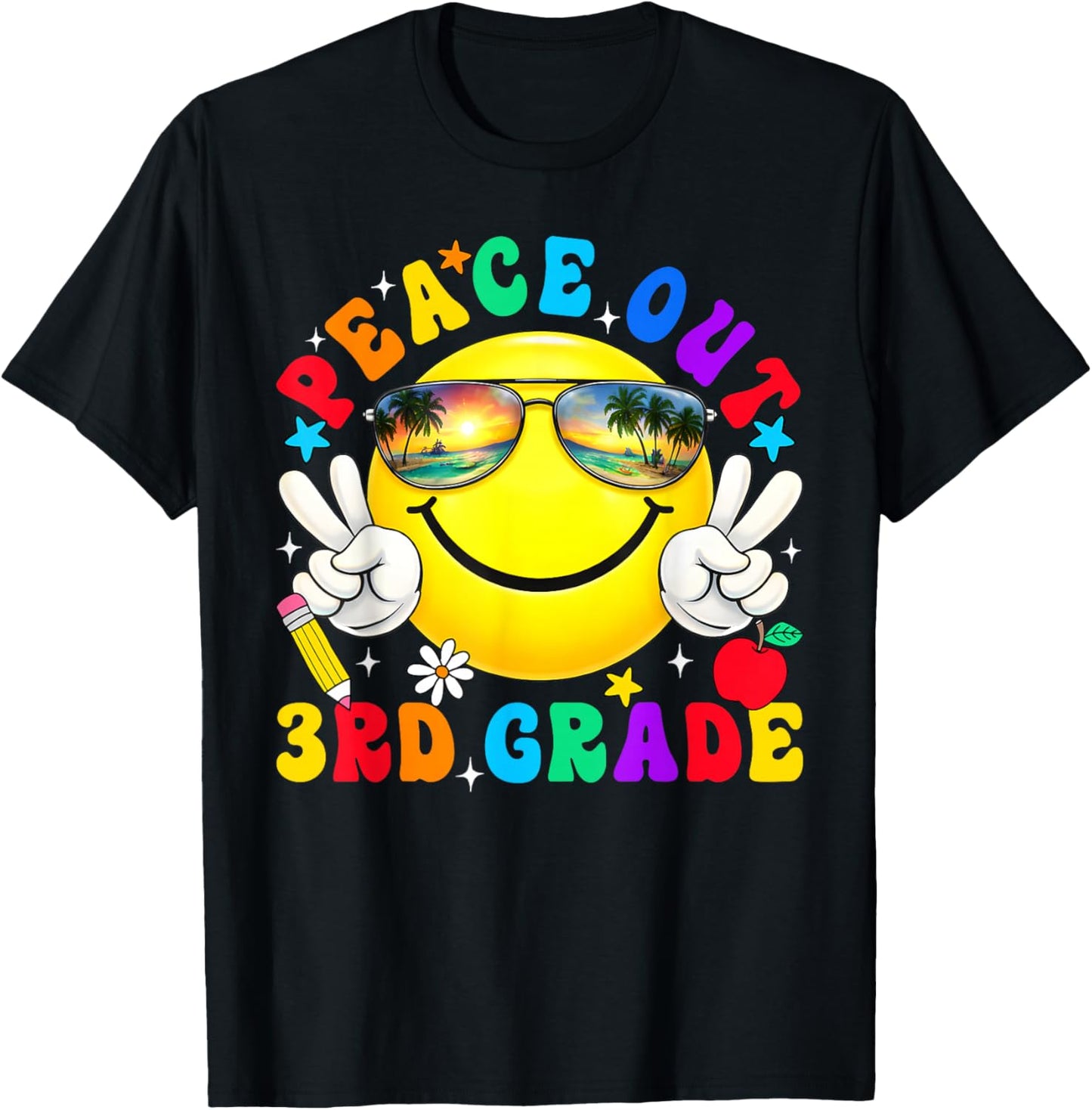 Peace Out Third Grade Last Day of School Groovy Smile Face T-Shirt - T-Shirt | Black
