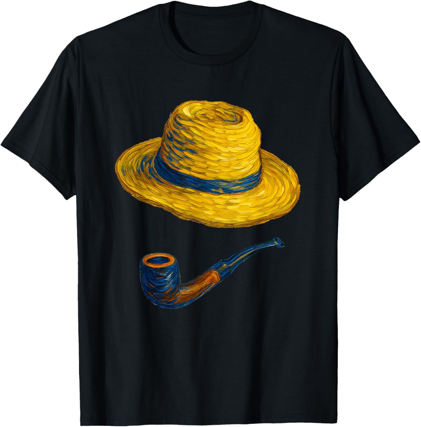 Straw Hat and Blue Pipe Van Gogh Style Art Painting T-Shirt - T-Shirt | Black