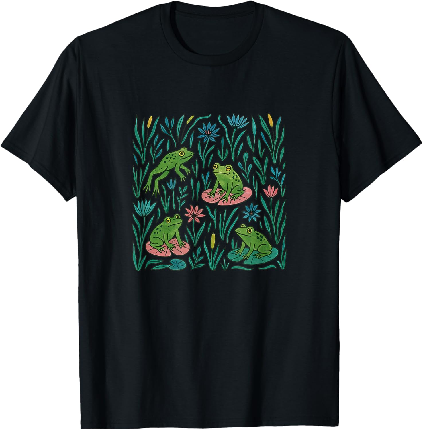 Retro Frogs on The Pond Lily Pads T-Shirt - T-Shirt | Black