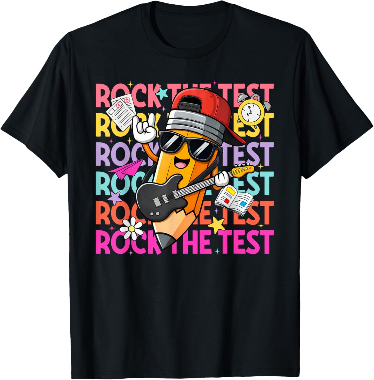 Rock The Test Funny Pencil Test Day Boy Girl Student Teacher T-Shirt - T-Shirt | Black