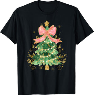 Coquette Bow Christmas Tree Xmas Holiday Girl Women Kid T-Shirt - T-Shirt | Black