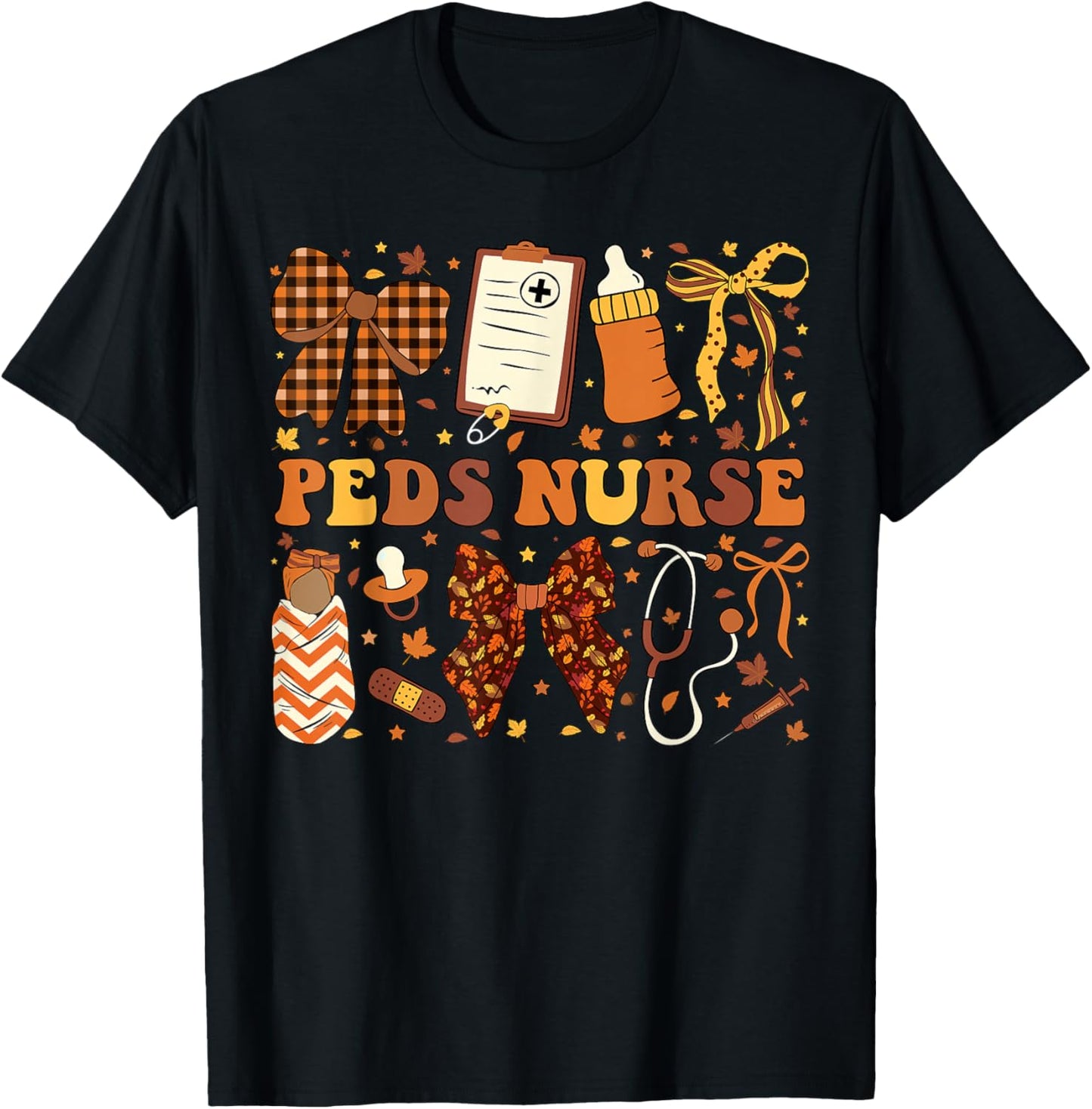 Peds Nurse Fall Coquette Pediatric Nursing Thanksgiving T-Shirt - T-Shirt | Black