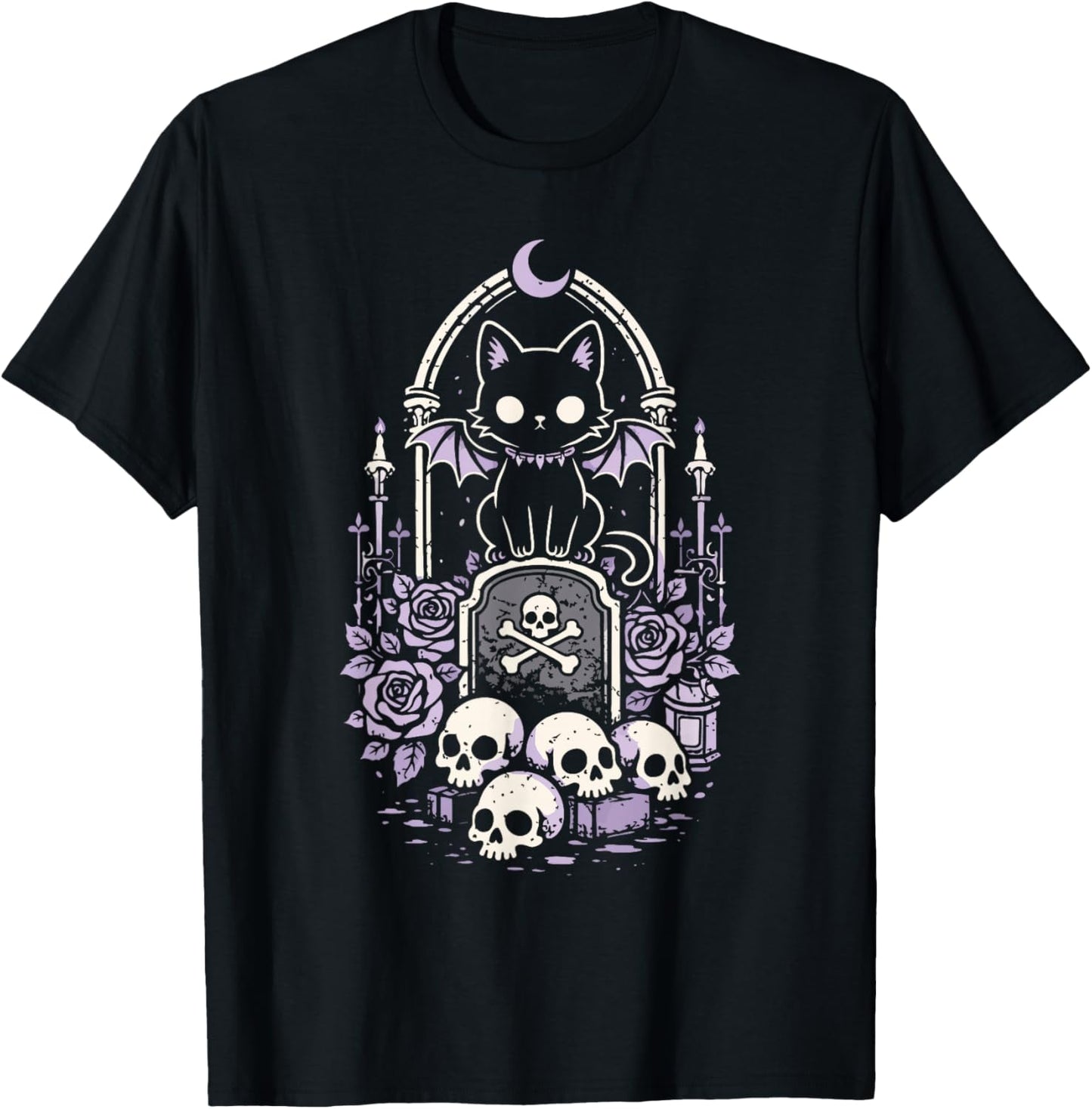 Cat Kitty Vampire Skull Creepy Cute Kawaii Goth Purple Alt T-Shirt - T-Shirt | Black