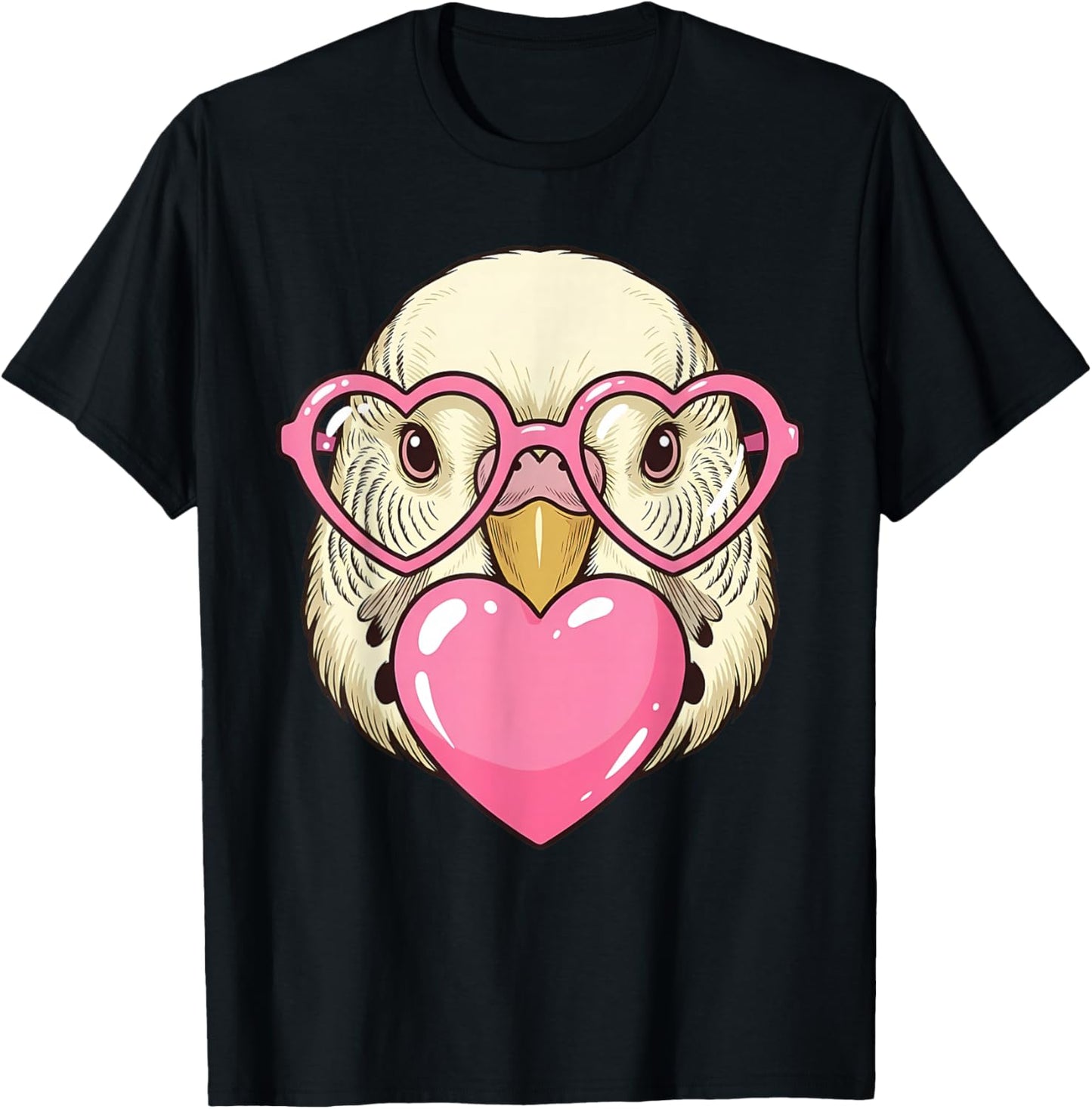 Cute Parakeet Blowing Pink Valentine Heart Bubble Gum T-Shirt - T-Shirt | Black