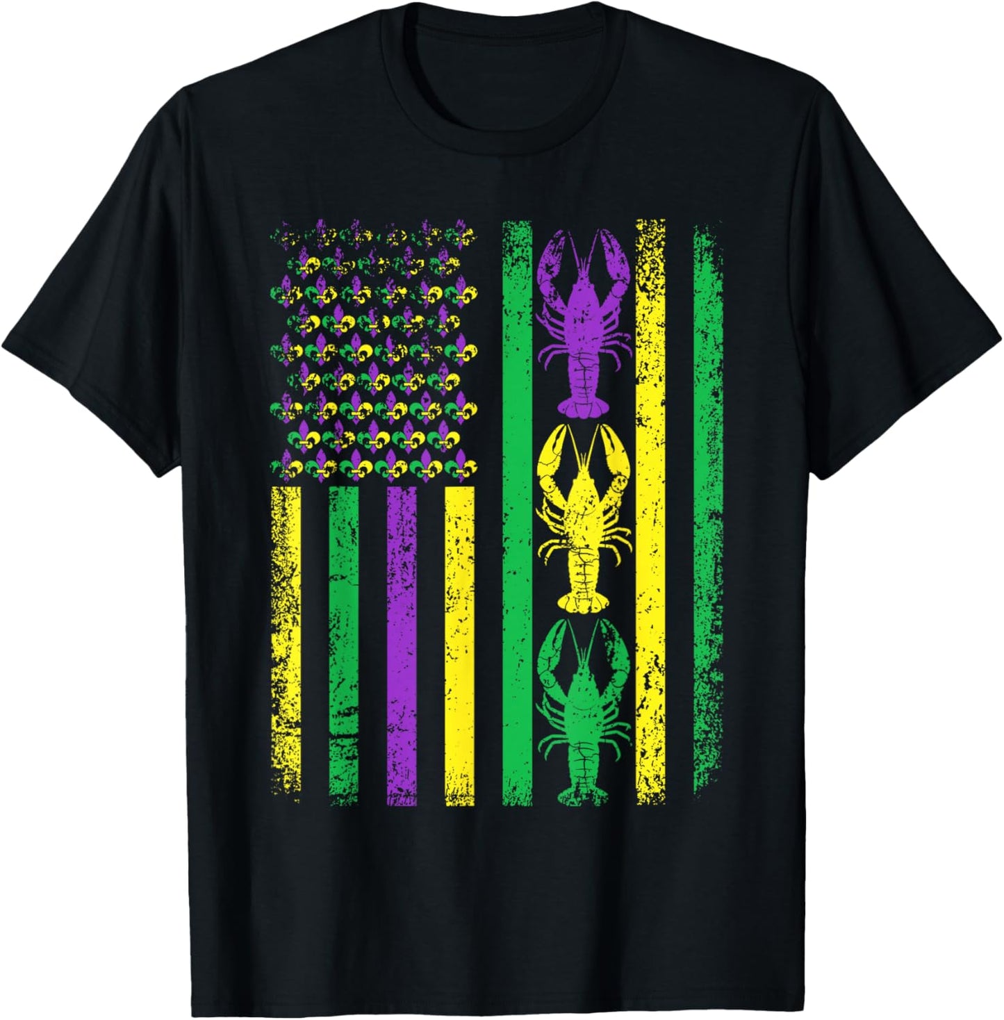 Retro Mardi Gras USA American Flag Crawfish Parade Men Women T-Shirt - T-Shirt | Black