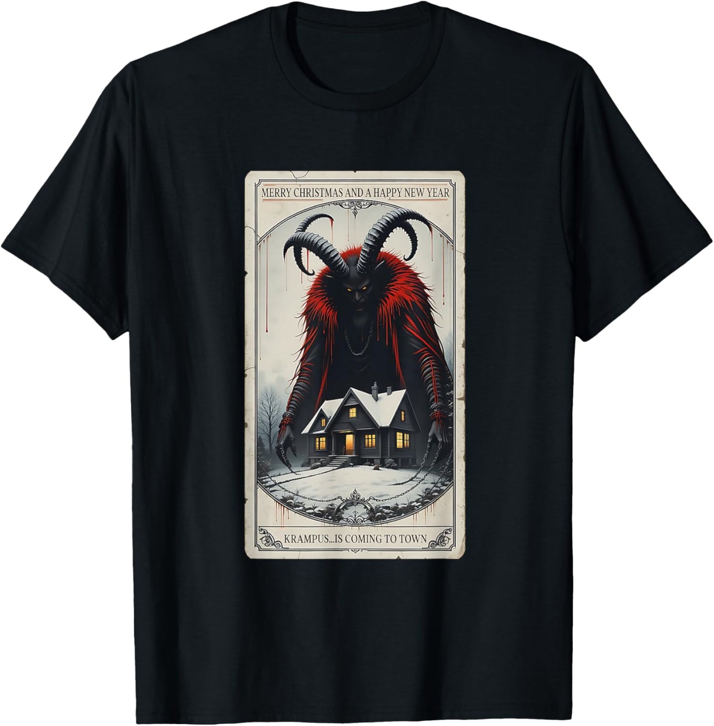 Vintage Krampus Tarot Card Merry Christmas Xmas Horror T-Shirt - T-Shirt | Black