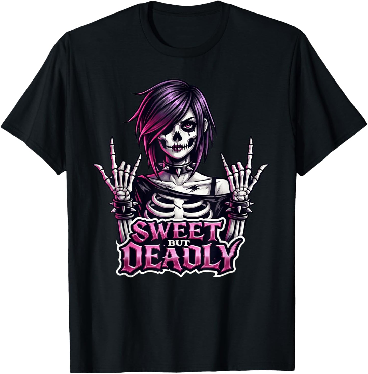 Sweet But Deadly Skeleton Gothic Girl Rock'n Roll Punk T-Shirt - T-Shirt | Black