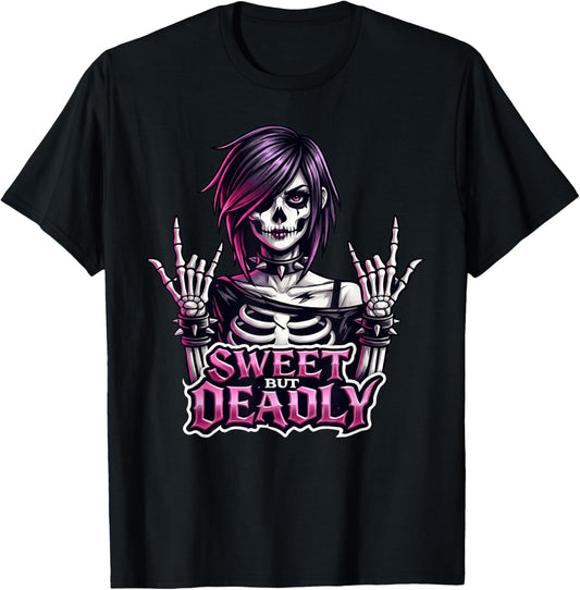 Sweet But Deadly Skeleton Gothic Girl Rock'n Roll Punk T-Shirt - T-Shirt | Black