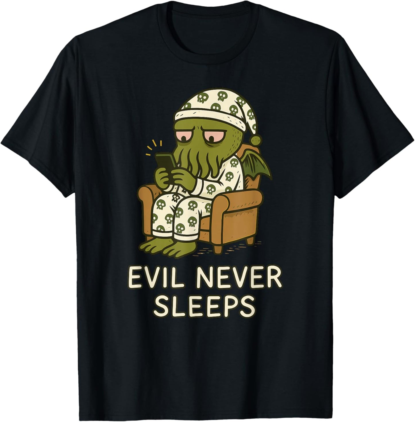 Evil Never Sleeps, Lovecraftian Doomscrolling Cthulhu Pajama T-Shirt - T-Shirt | Black