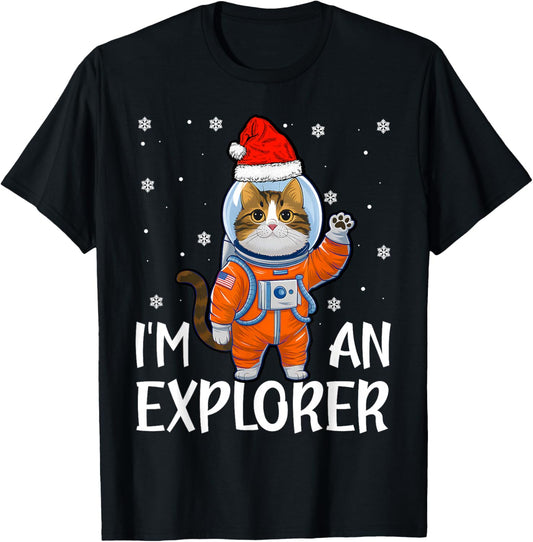 Funny Christmas Astronaut Cat Santa Hat Space Snowflakes T-Shirt - T-Shirt | Black