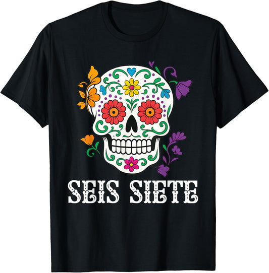 SEIS Siete Mexican Los Muertos Calaveras Sugar Skull 67 Boys T-Shirt - T-Shirt | Black